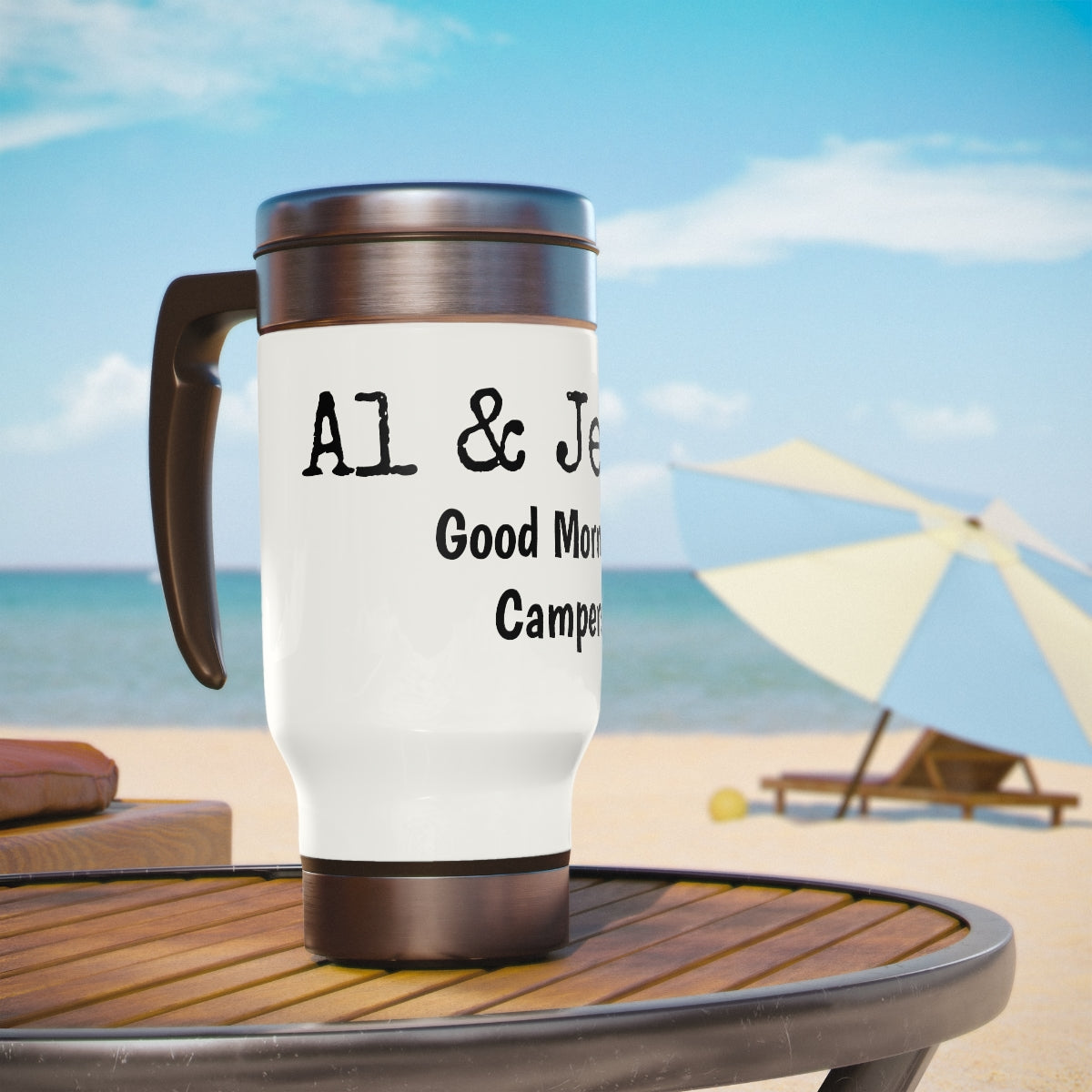 Al & Jerry "Good Morning Campers" Stainless Steel Travel Mug with Handle, 14oz